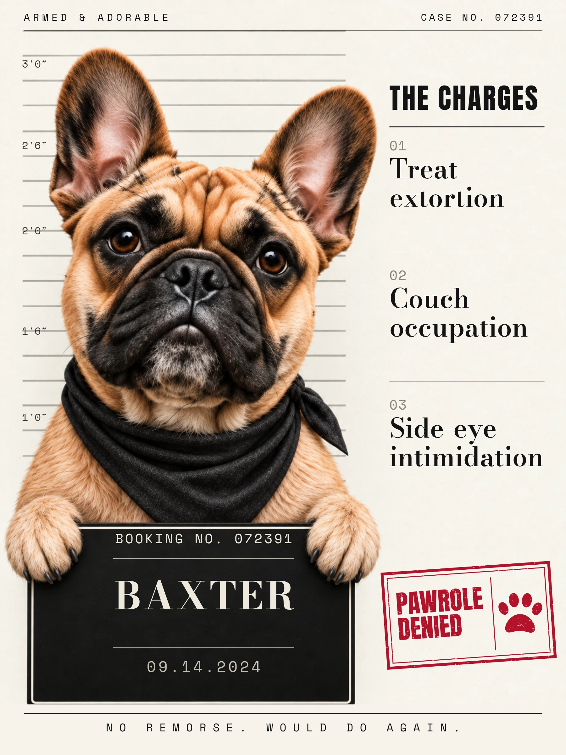 Baxter’s editorial mugshot and PAWROLE DENIED stamp.