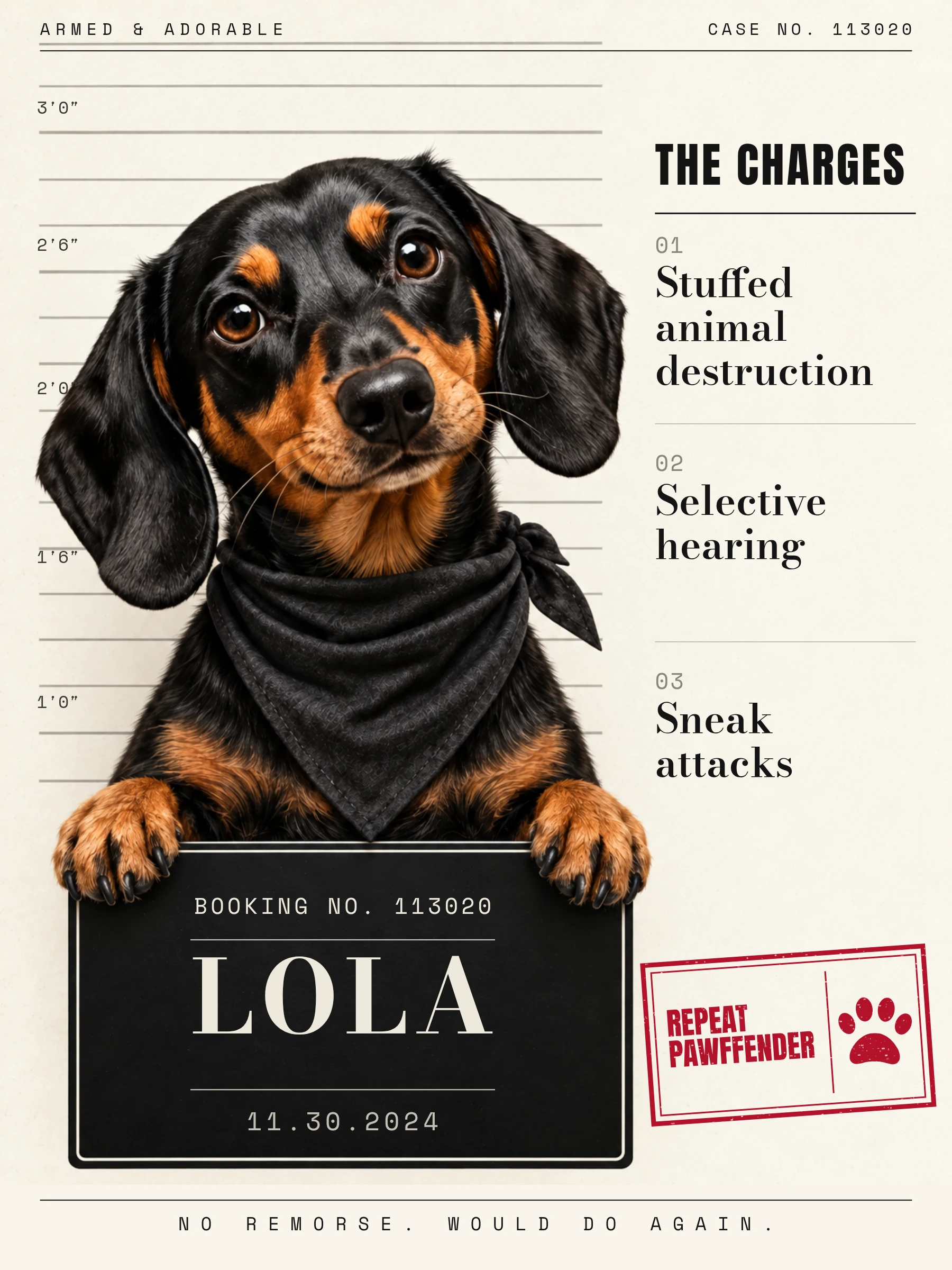 Lola’s editorial mugshot and REPEAT PAWFFENDER stamp.