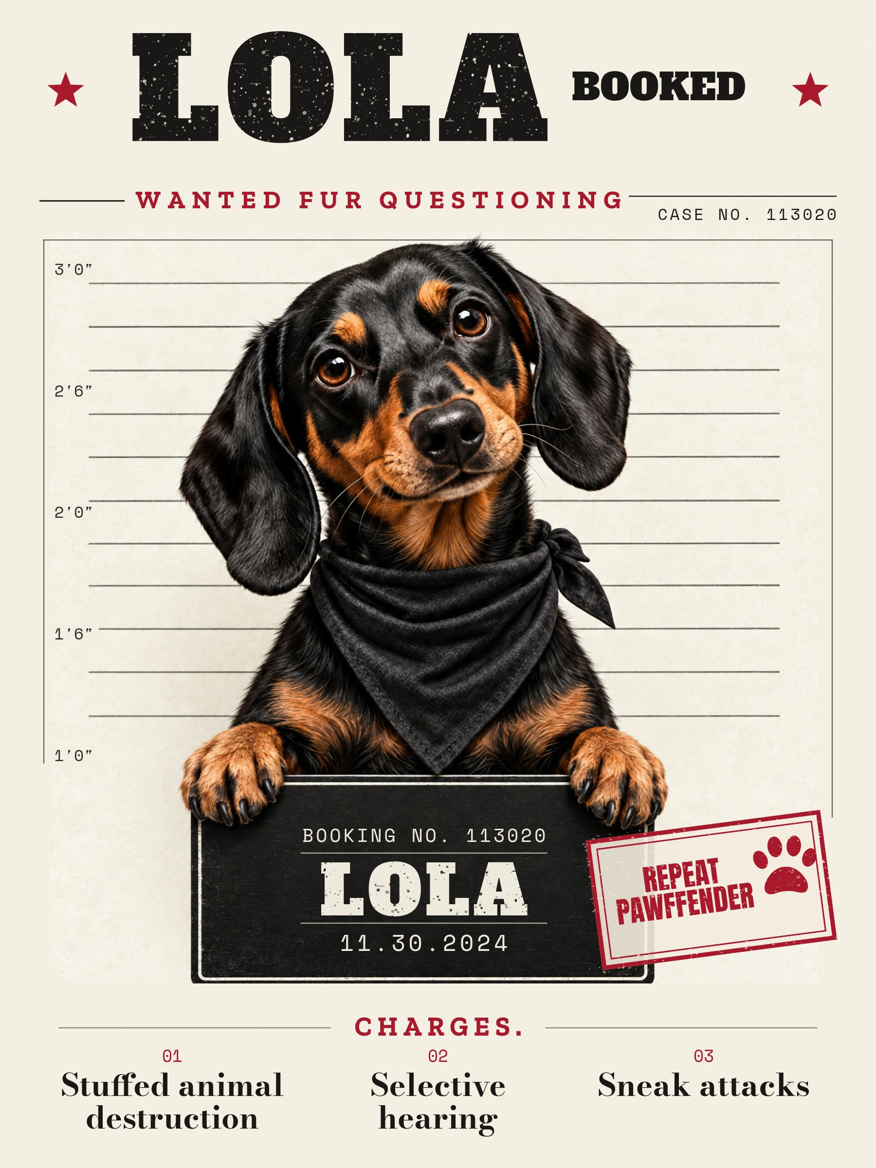 Lola’s booking poster and REPEAT PAWFFENDER stamp.