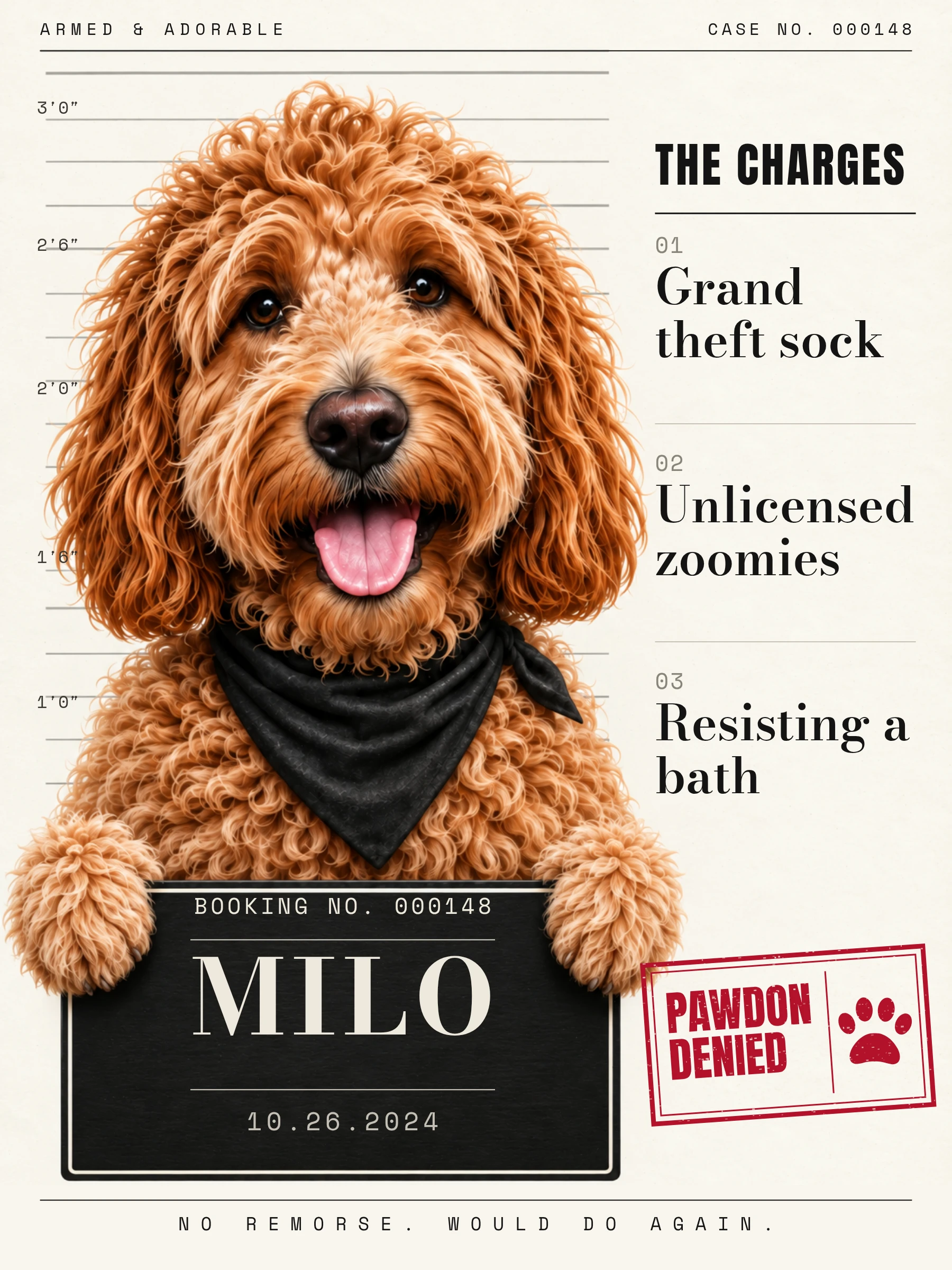 Milo’s ivory editorial mugshot with his name, charges, and PAWDON DENIED stamp